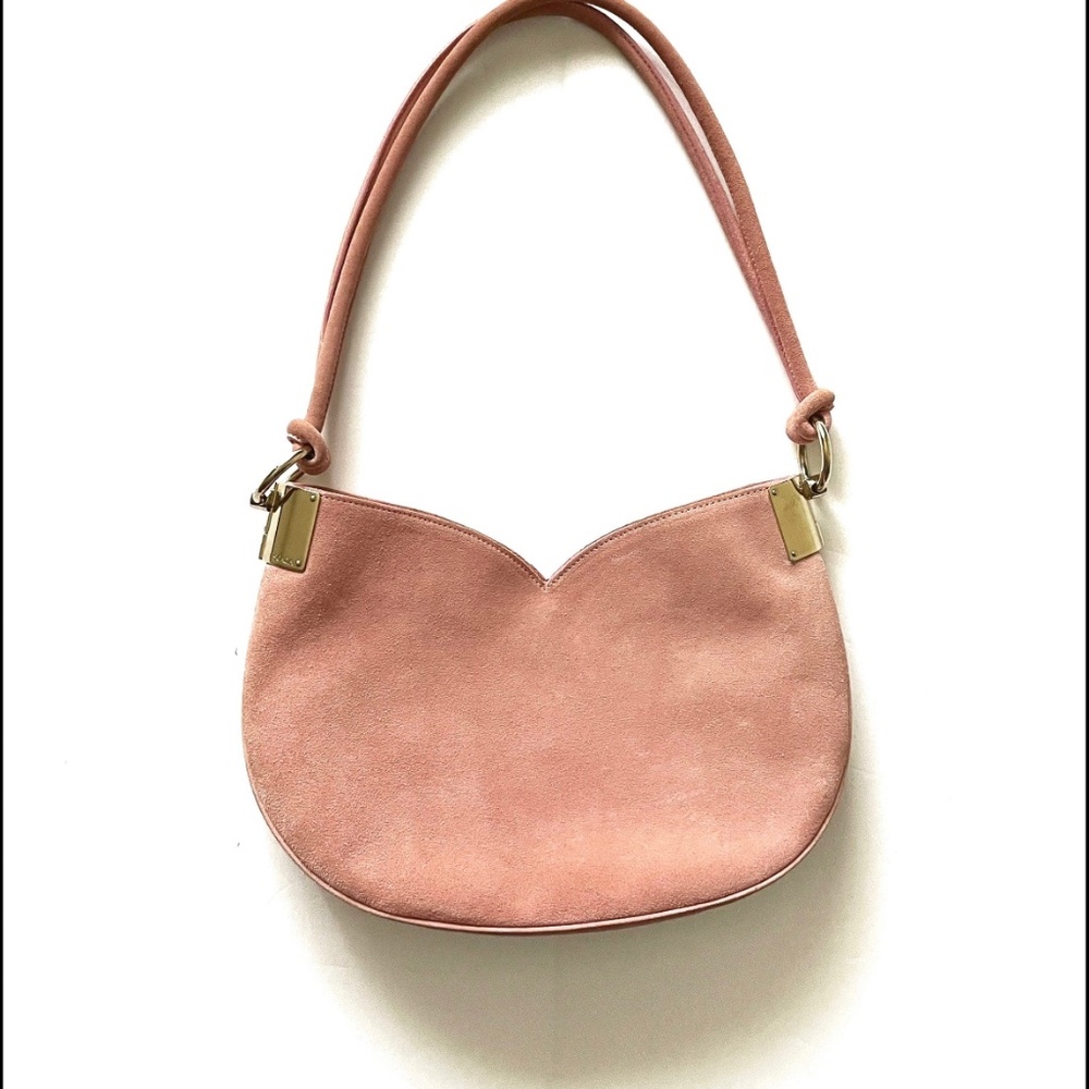 ESCADA 1990s Barbiecore Y2K “Clueless” Pink Suede Signed Sweetheart Shoulder Bag